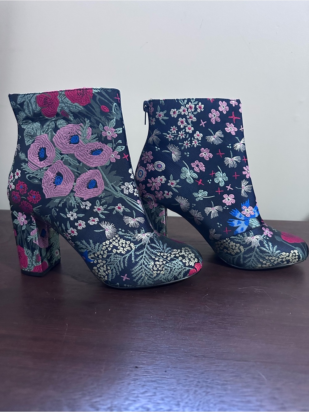Metaphor Navy Floral Embroidered Ankle Boots with Pink Accents